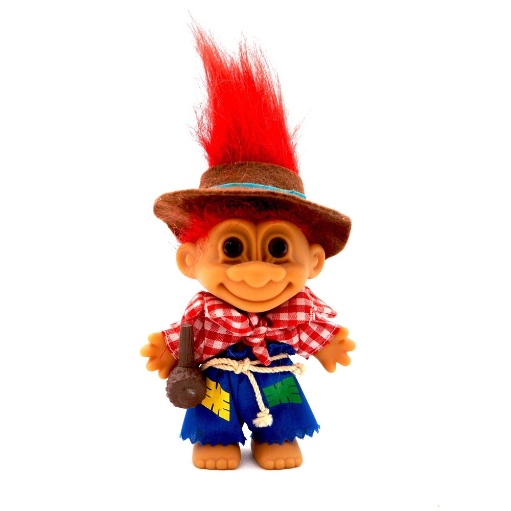 90s Russ Troll Doll 18343 Farmer Scarecrow Hat Pipe Red Hair Hillbilly Good Luck
